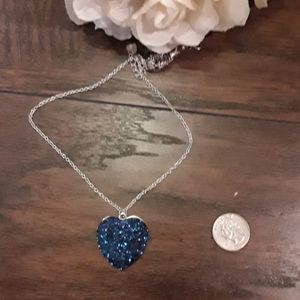 Blue shimmery heart pendant 32" chain